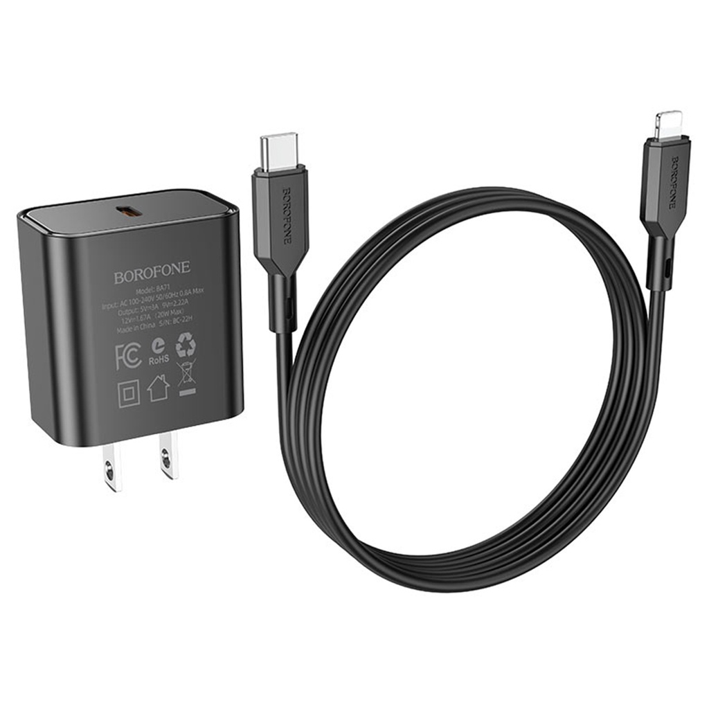 CARGADOR BA71 POWER DE PUERTO ÚNICO,BLANCO, PD20W SET TIPO C A IP, BOROFONE.